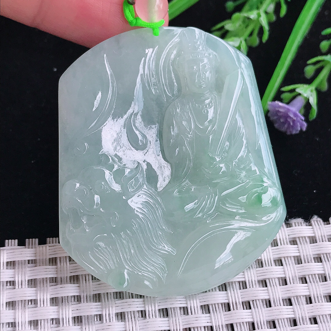 实拍A货翡翠53/45.7/5.2老坑冰胶水灵冰晴绿文殊菩萨吊坠翡翠玉牌挂件