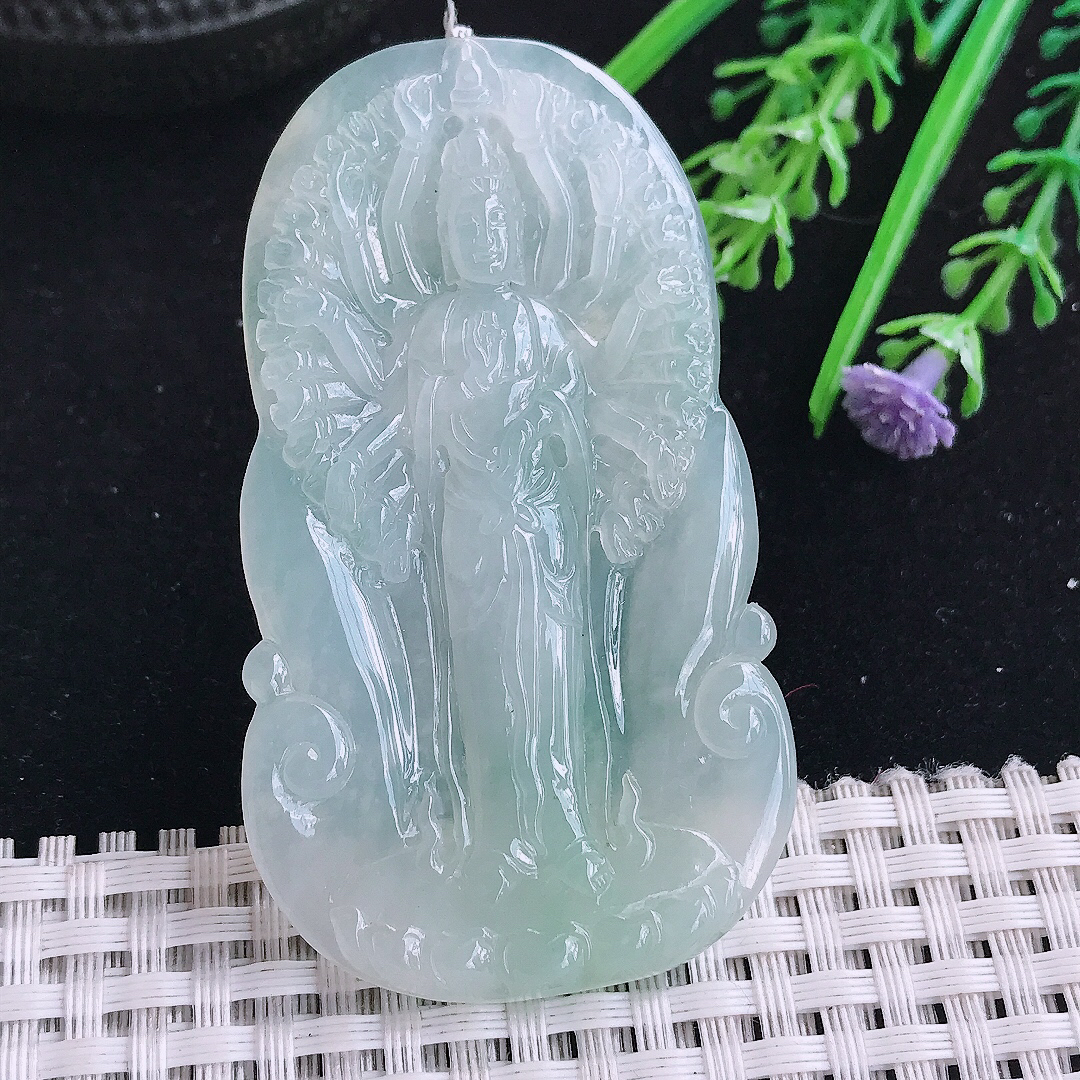 实拍A货翡翠65/37/5.2老坑冰胶果冻冰晴千手观音吊坠翡翠玉牌挂件