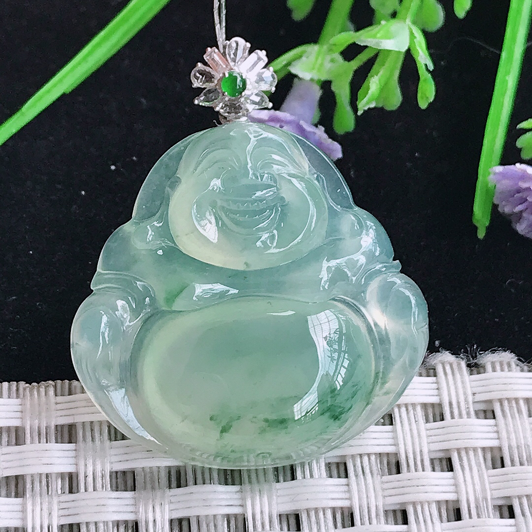实拍A货翡翠26.6/28/5.8老坑18k金镶嵌冰种冰晴飘花佛公吊坠翡翠玉牌挂件