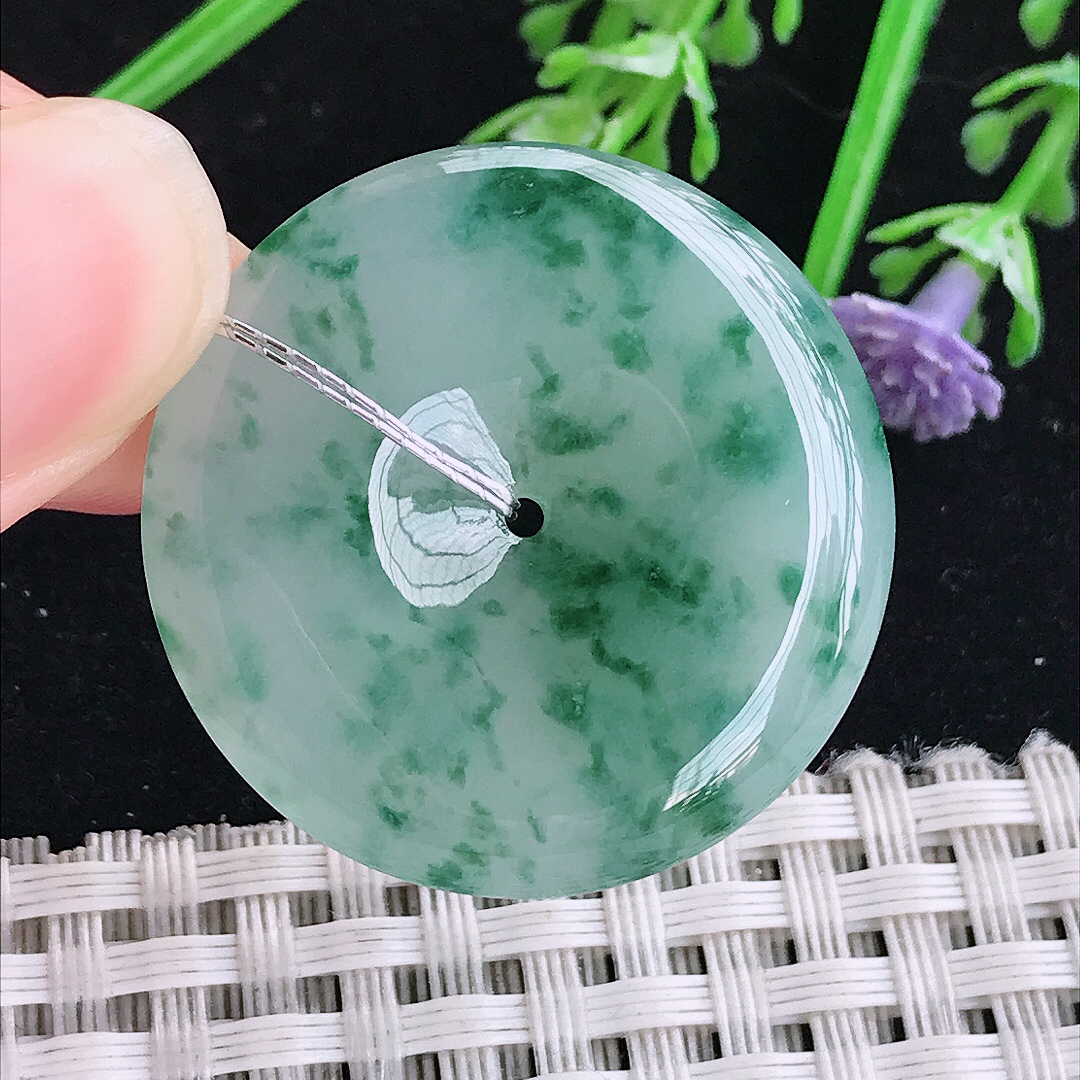 实拍A货翡翠31.6/5.8老坑冰胶冰飘花平安扣吊坠翡翠玉扣挂件