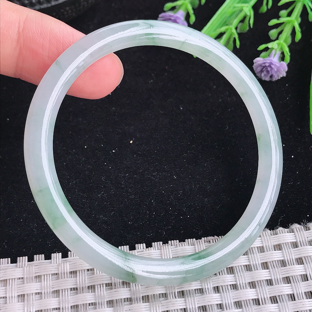实拍a货翡翠51/5.1/6.3小圈口叮当镯老坑冰胶冰飘花细条手镯玉手镯