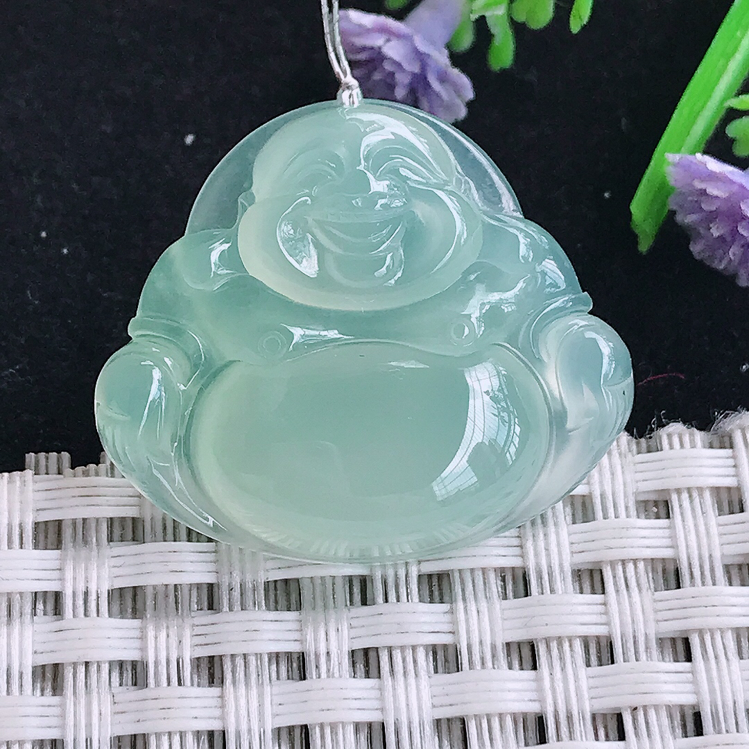 实拍A货翡翠25/29.2/5.9老坑冰种果冻胶冰晴绿佛公吊坠翡翠玉佛挂件