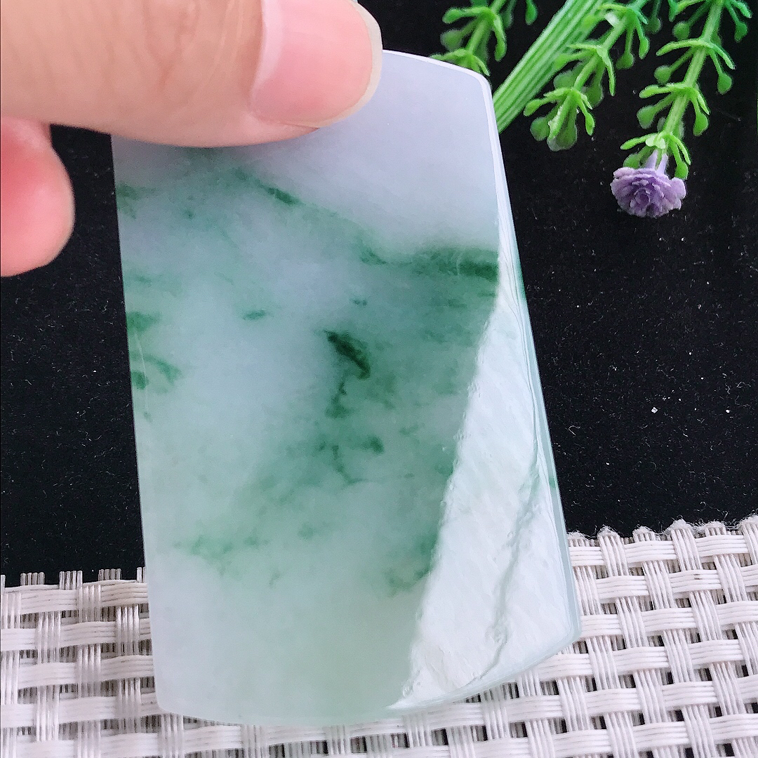 实拍A货翡翠68/43.8/5老坑温润冰润飘花平安无事牌吊坠翡翠玉牌挂件