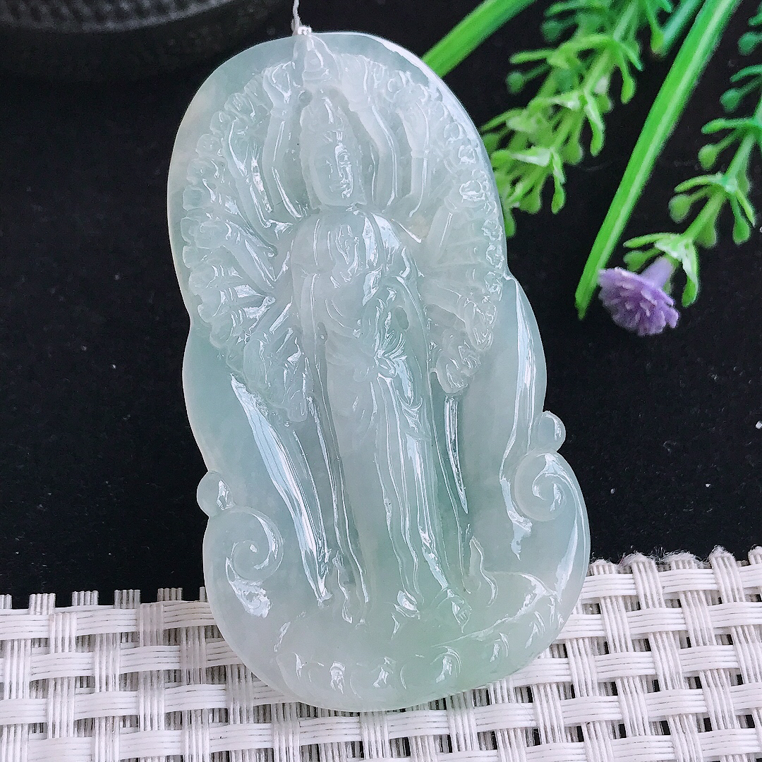 实拍A货翡翠65/37/5.2老坑冰胶果冻冰晴千手观音吊坠翡翠玉牌挂件