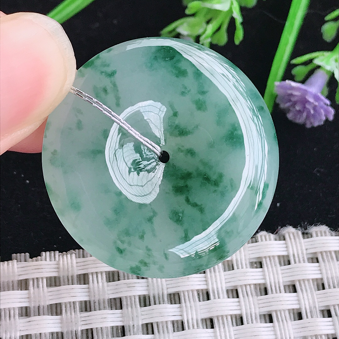 实拍A货翡翠31.6/5.8老坑冰胶冰飘花平安扣吊坠翡翠玉扣挂件