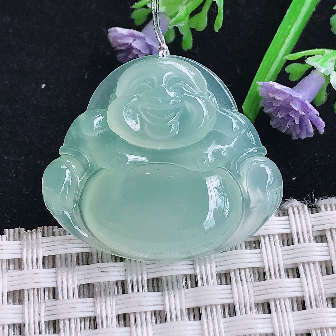 实拍A货翡翠25/29.2/5.9老坑冰种果冻胶冰晴绿佛公吊坠翡翠玉佛挂件