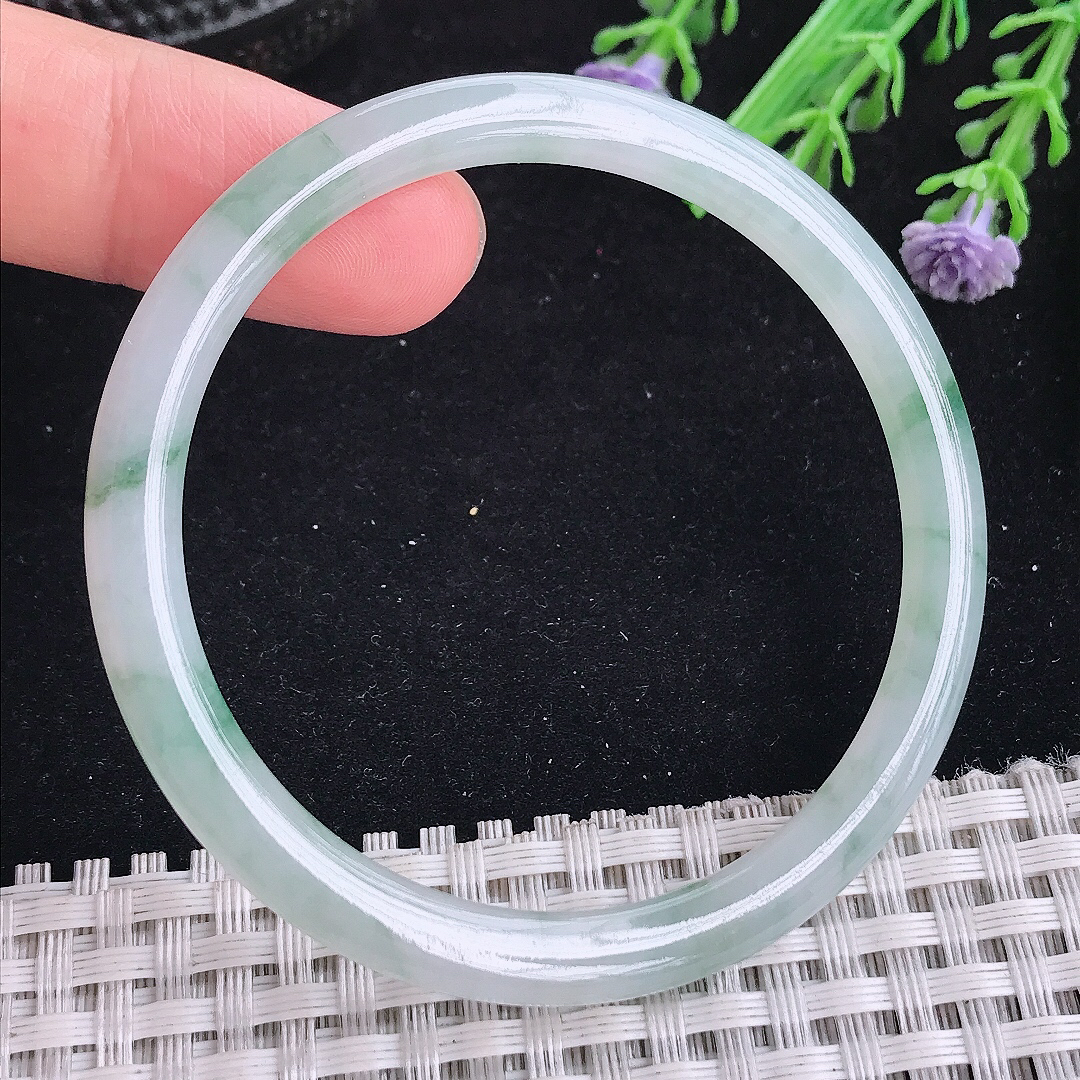 实拍a货翡翠51/5.1/6.3小圈口叮当镯老坑冰胶冰飘花细条手镯玉手镯
