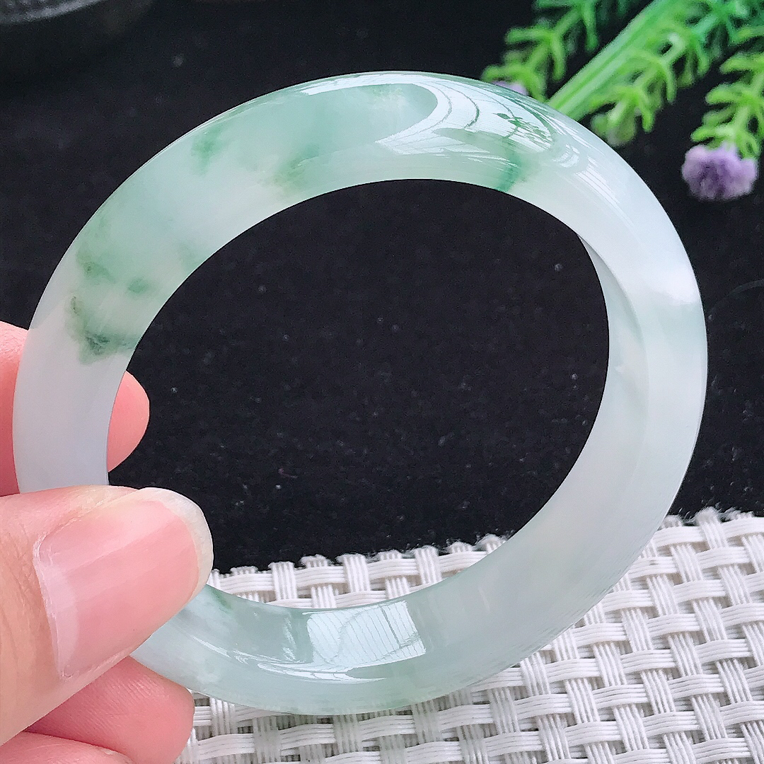 实拍a货翡翠52/12.6/8平安镯老坑冰透果冻胶冰飘花手镯宽边玉手镯