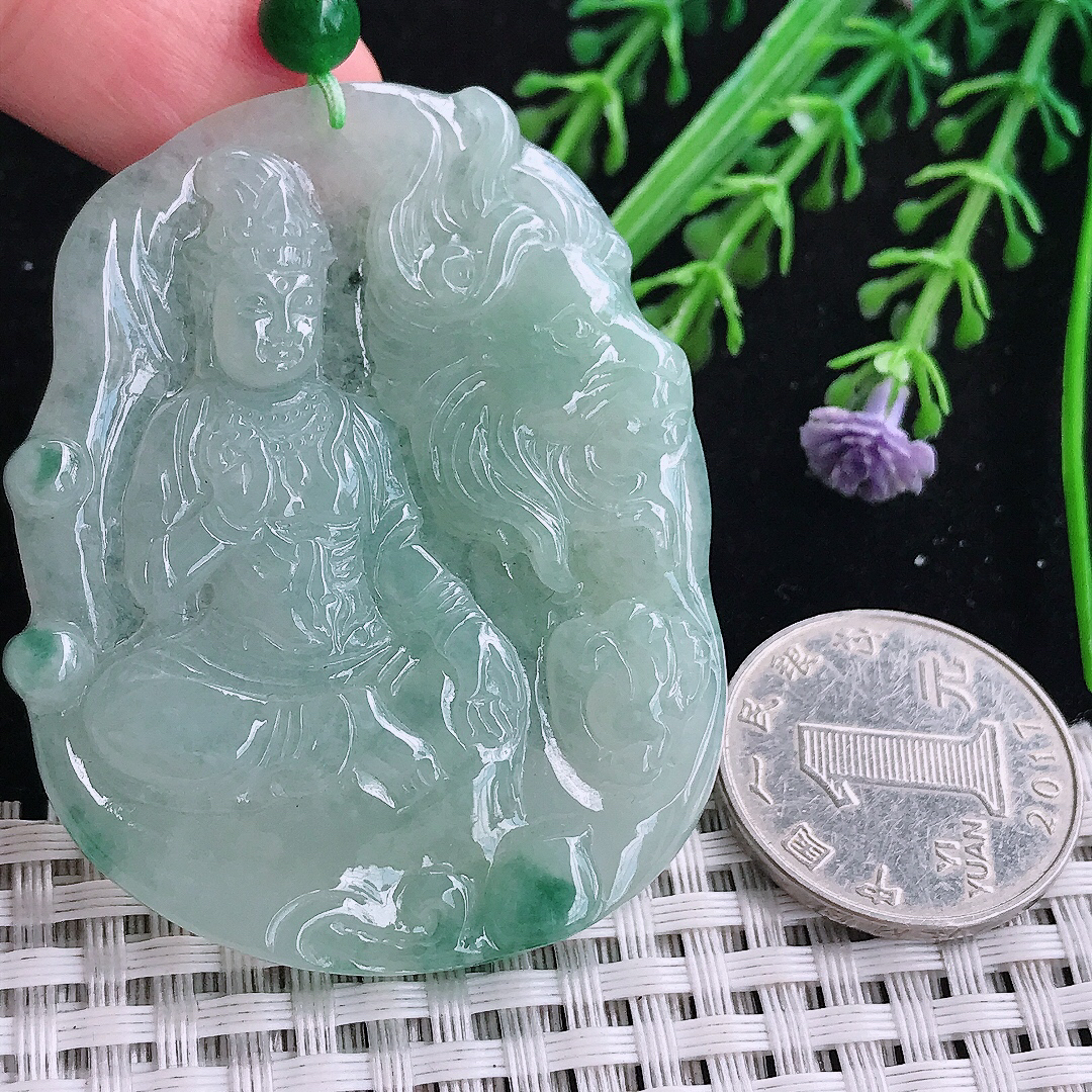 实拍A货翡翠55/44/5.8老坑精美冰润晴底文殊菩萨吊坠翡翠玉牌挂件