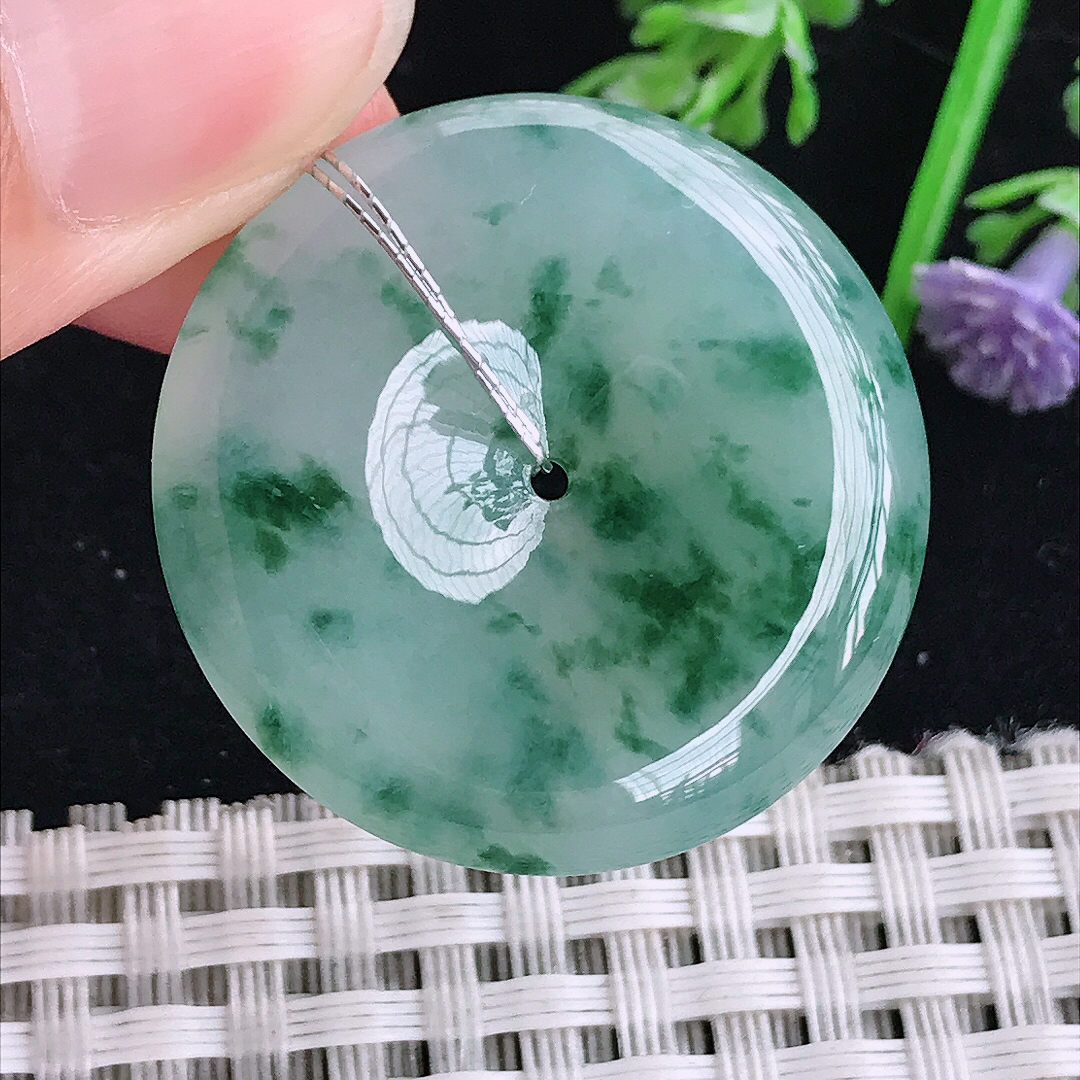 实拍A货翡翠31.6/5.8老坑冰胶冰飘花平安扣吊坠翡翠玉扣挂件