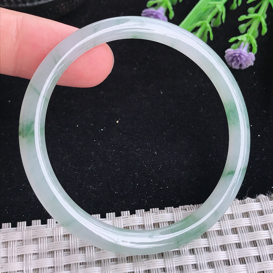 实拍a货翡翠51/5.1/6.3小圈口叮当镯老坑冰胶冰飘花细条手镯玉手镯