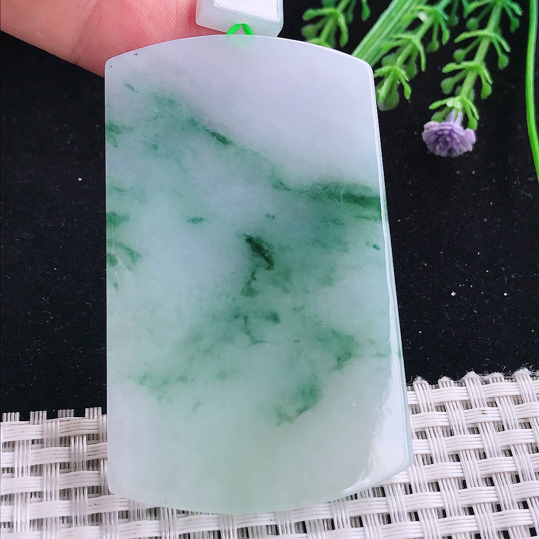 实拍A货翡翠68/43.8/5老坑温润冰润飘花平安无事牌吊坠翡翠玉牌挂件
