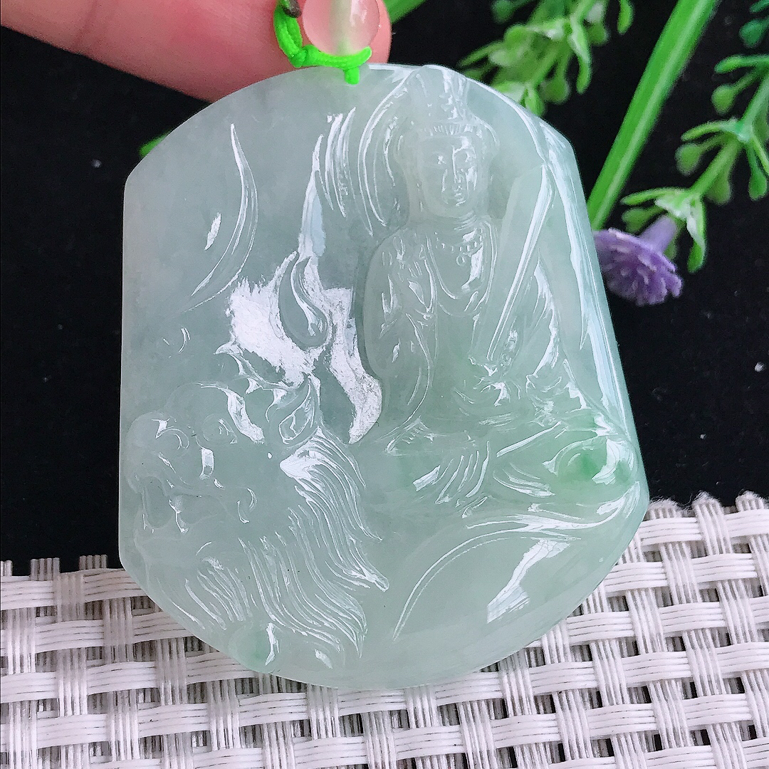 实拍A货翡翠53/45.7/5.2老坑冰胶水灵冰晴绿文殊菩萨吊坠翡翠玉牌挂件