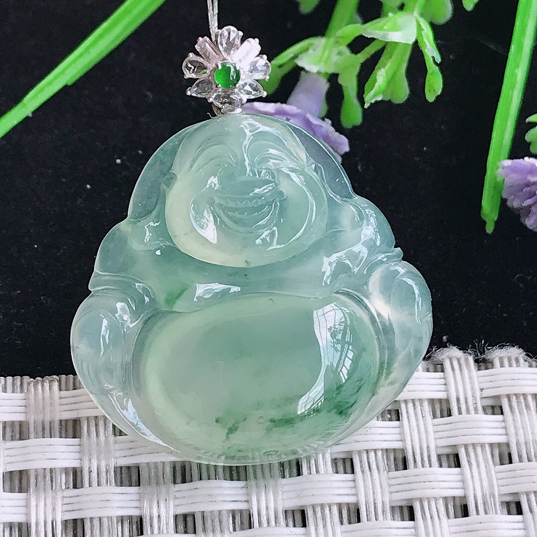 实拍A货翡翠26.6/28/5.8老坑18k金镶嵌冰种冰晴飘花佛公吊坠翡翠玉牌挂件