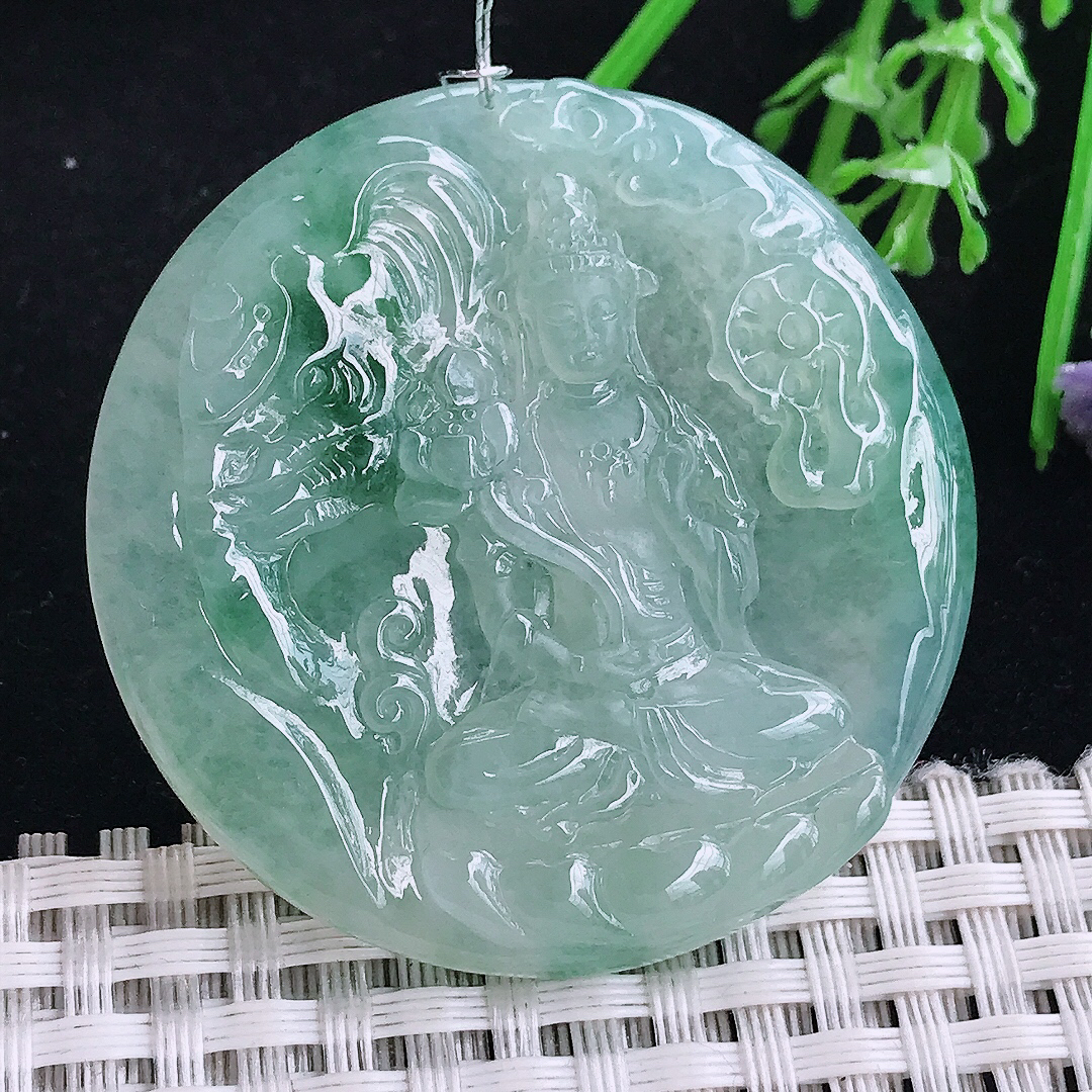 实拍A货翡翠45.6/5.8老坑冰胶果冻冰晴绿普贤菩萨吊坠翡翠圆牌挂件