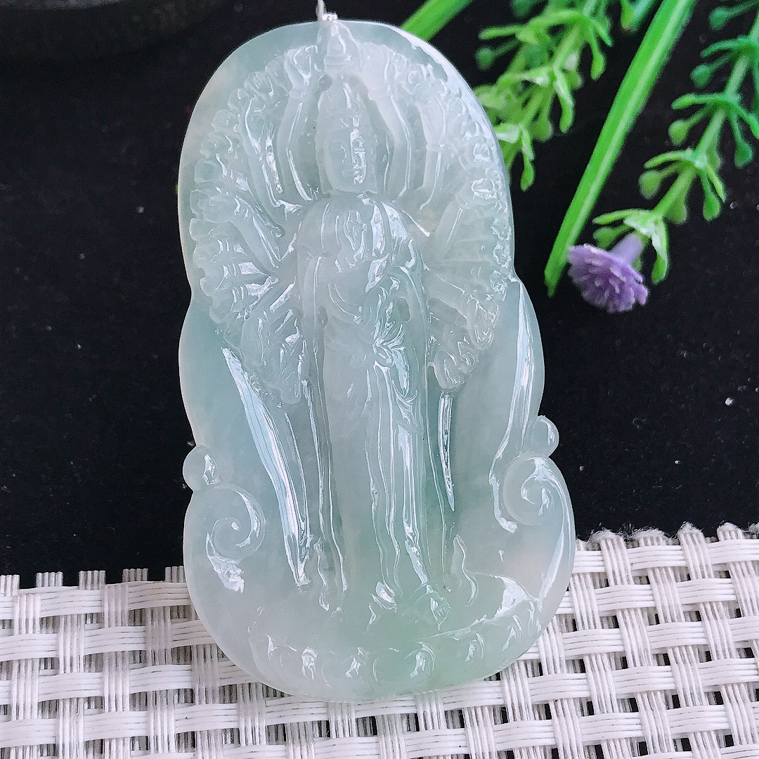 实拍A货翡翠65/37/5.2老坑冰胶果冻冰晴千手观音吊坠翡翠玉牌挂件