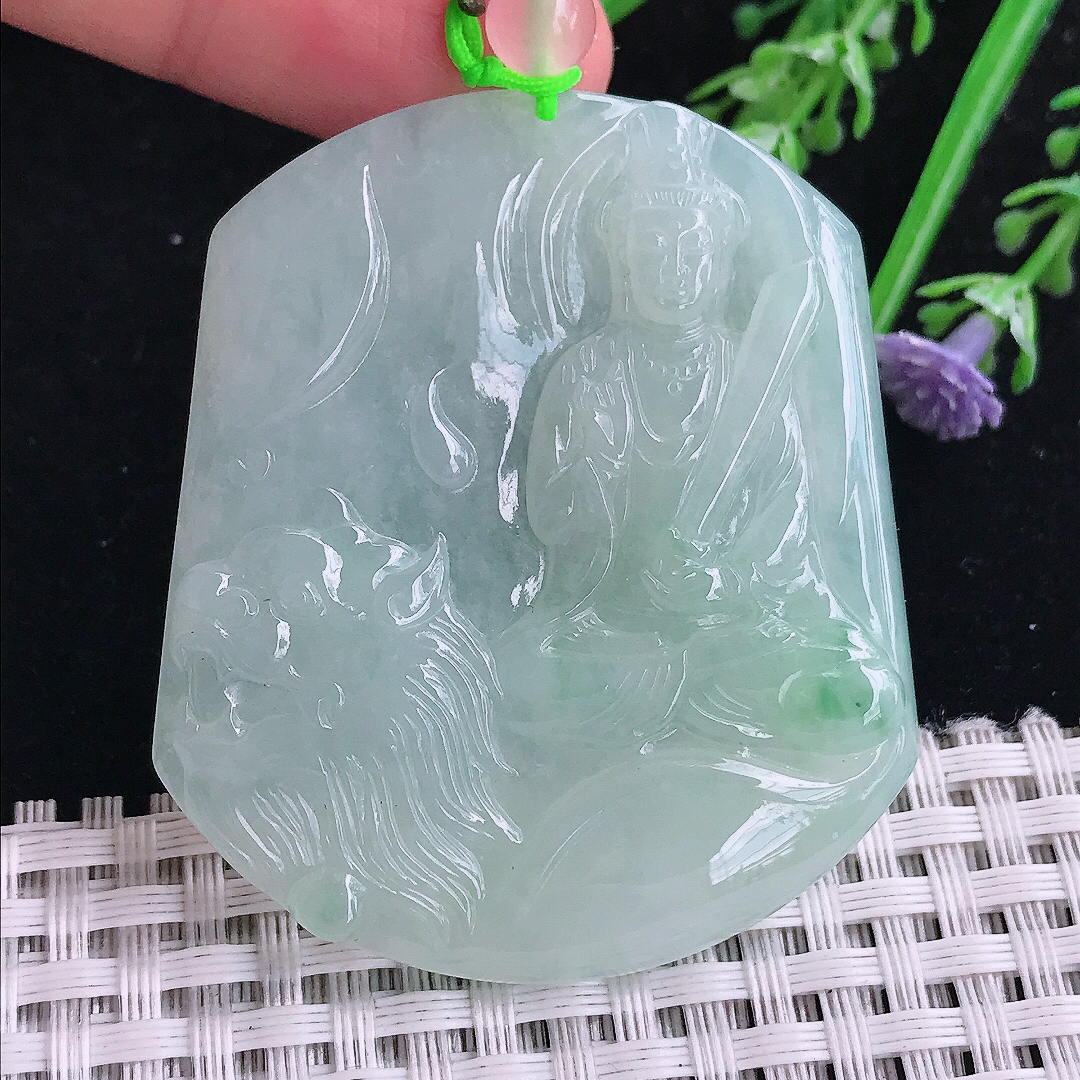 实拍A货翡翠53/45.7/5.2老坑冰胶水灵冰晴绿文殊菩萨吊坠翡翠玉牌挂件