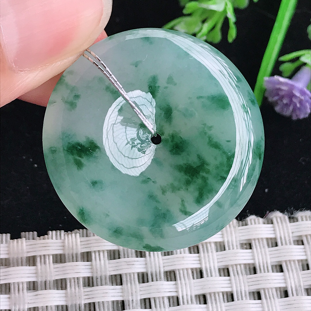 实拍A货翡翠31.6/5.8老坑冰胶冰飘花平安扣吊坠翡翠玉扣挂件