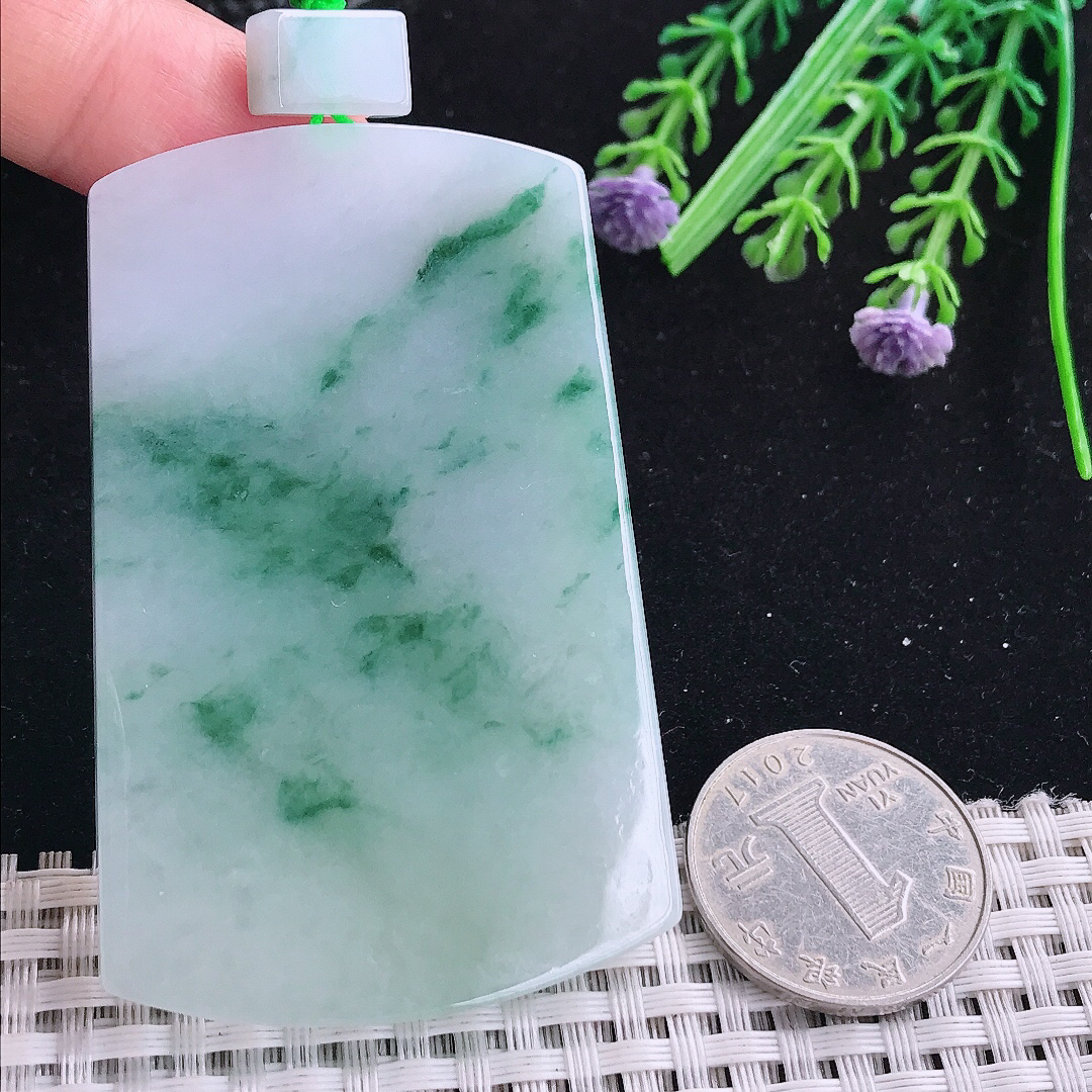 实拍A货翡翠68/43.8/5老坑温润冰润飘花平安无事牌吊坠翡翠玉牌挂件