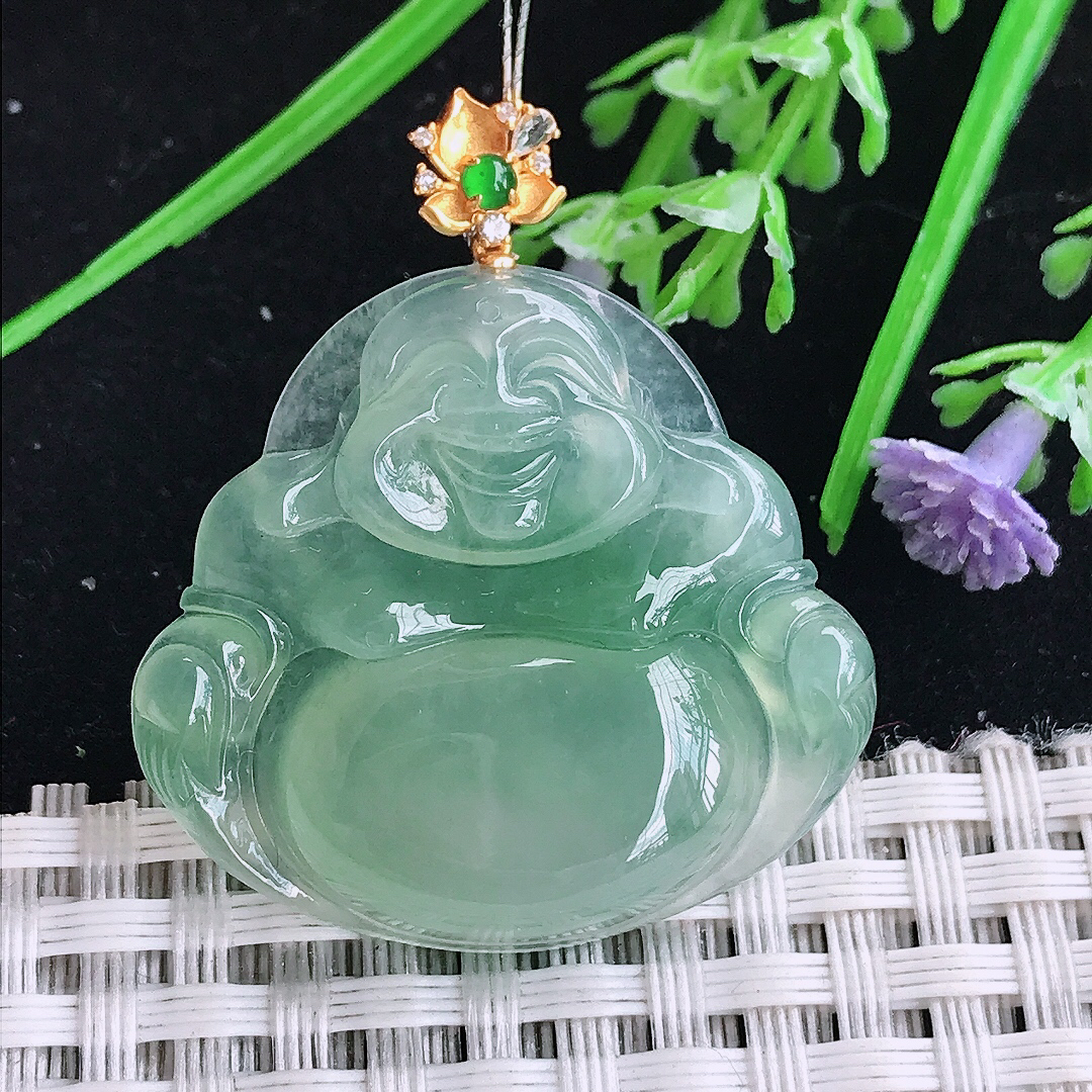 实拍A货翡翠30.3/33/5.9老坑18k金镶嵌冰胶冰晴满绿佛公吊坠翡翠玉牌挂件