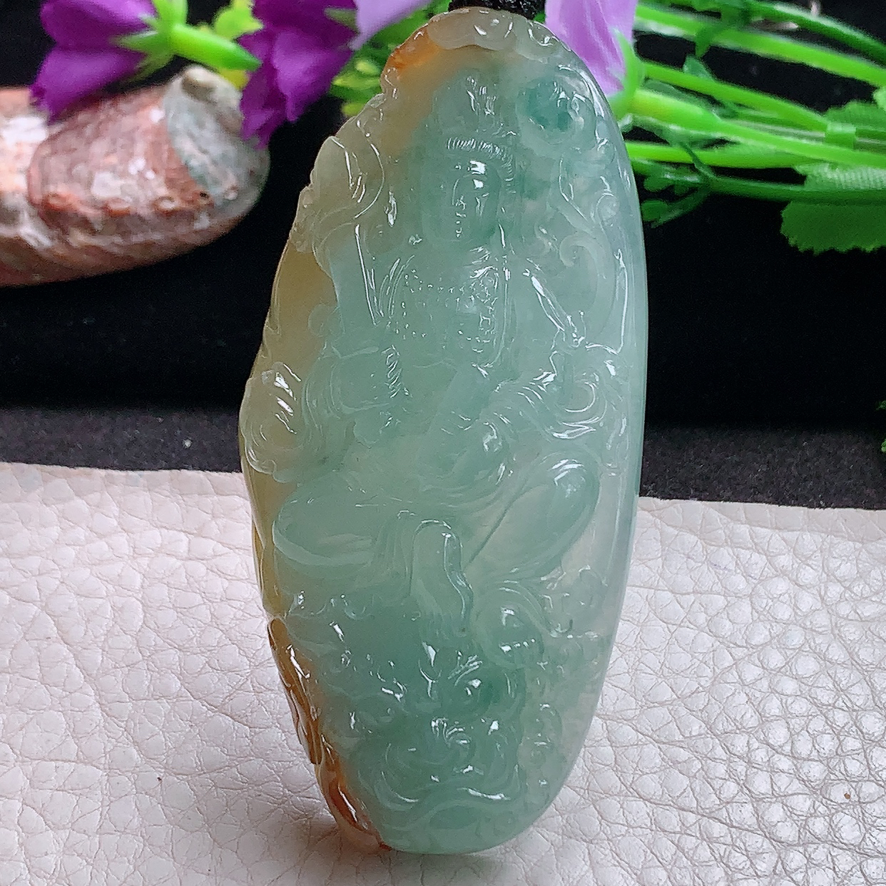 yl实拍76*38*12.2缅甸翡翠精雕冰双彩虚空藏菩萨玉吊坠