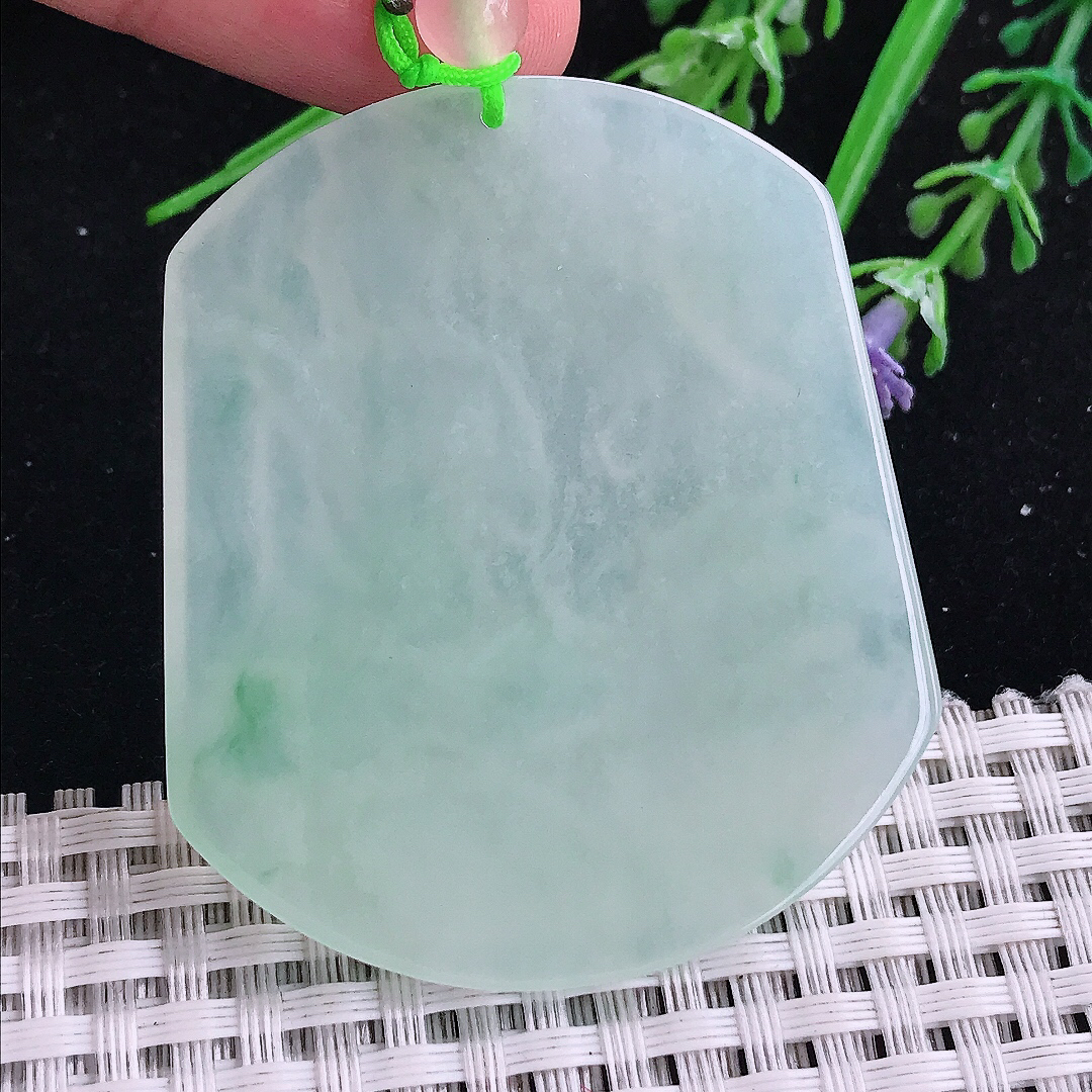 实拍A货翡翠53/45.7/5.2老坑冰胶水灵冰晴绿文殊菩萨吊坠翡翠玉牌挂件