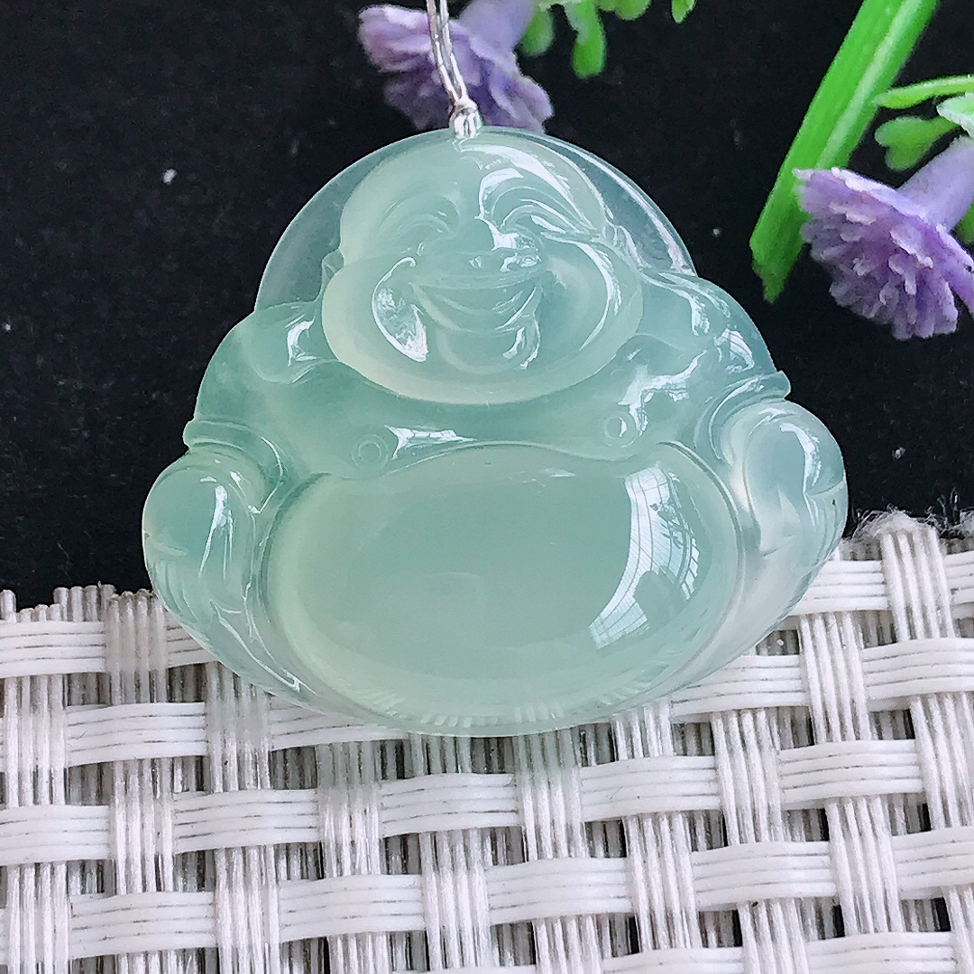 实拍A货翡翠25/29.2/5.9老坑冰种果冻胶冰晴绿佛公吊坠翡翠玉佛挂件