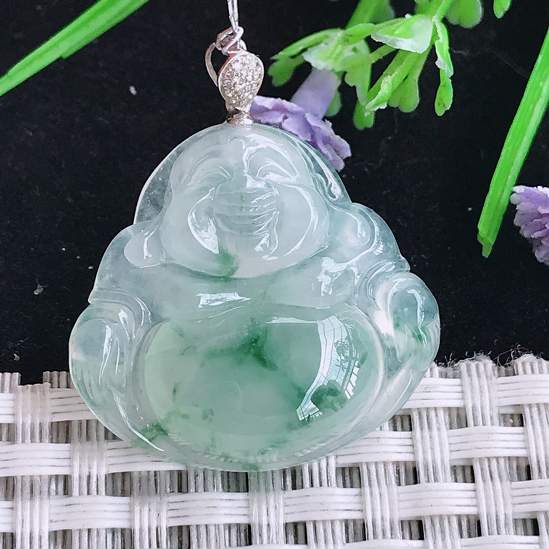 实拍A货翡翠25.3/27.2/5.9老坑18k金镶嵌冰冰飘花冰种佛公吊坠翡翠玉佛挂件