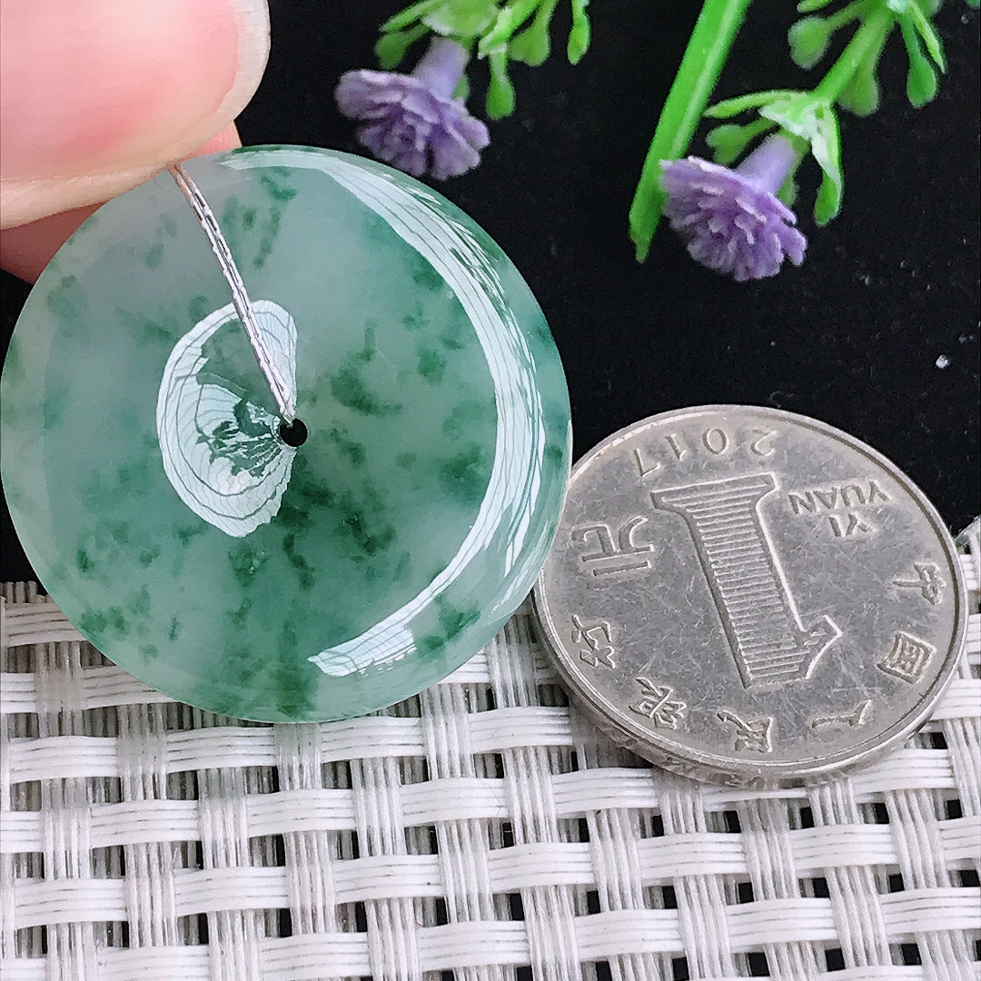 实拍A货翡翠31.6/5.8老坑冰胶冰飘花平安扣吊坠翡翠玉扣挂件