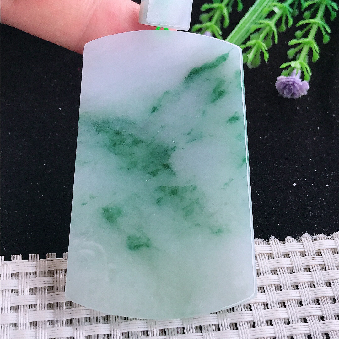 实拍A货翡翠68/43.8/5老坑温润冰润飘花平安无事牌吊坠翡翠玉牌挂件