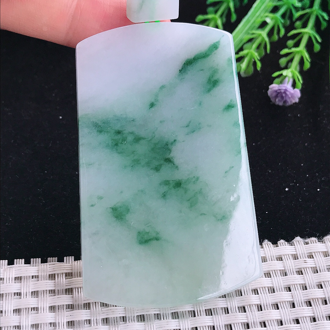 实拍A货翡翠68/43.8/5老坑温润冰润飘花平安无事牌吊坠翡翠玉牌挂件