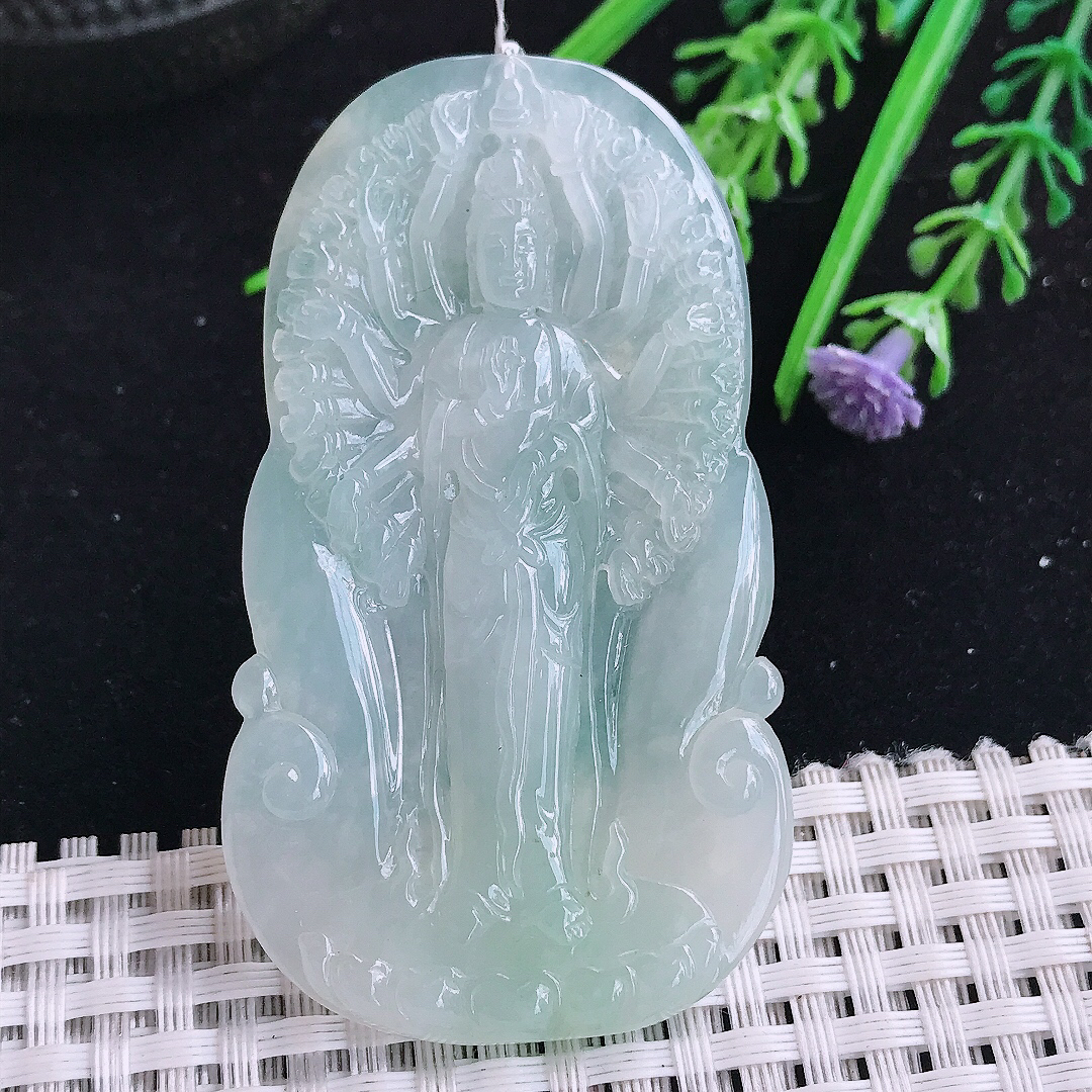 实拍A货翡翠65/37/5.2老坑冰胶果冻冰晴千手观音吊坠翡翠玉牌挂件
