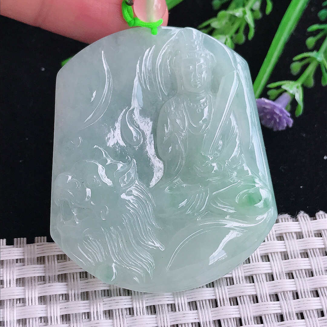 实拍A货翡翠53/45.7/5.2老坑冰胶水灵冰晴绿文殊菩萨吊坠翡翠玉牌挂件
