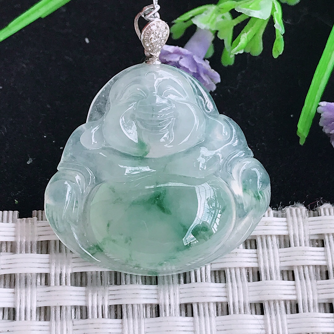 实拍A货翡翠25.3/27.2/5.9老坑18k金镶嵌冰冰飘花冰种佛公吊坠翡翠玉佛挂件