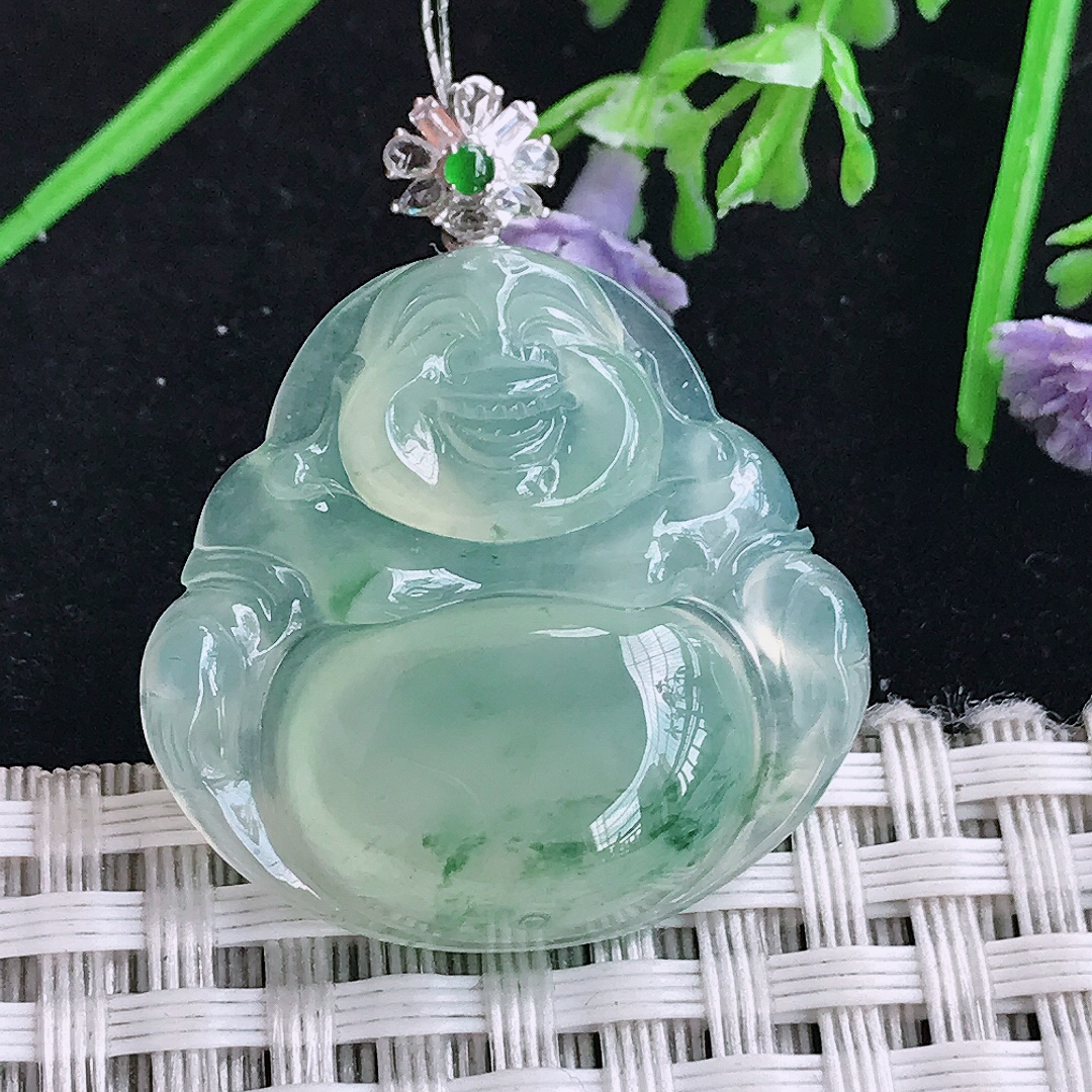 实拍A货翡翠26.6/28/5.8老坑18k金镶嵌冰种冰晴飘花佛公吊坠翡翠玉牌挂件