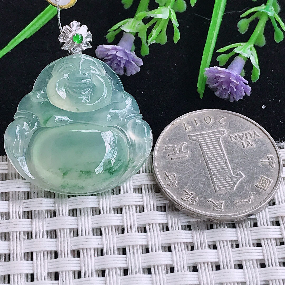 实拍A货翡翠26.6/28/5.8老坑18k金镶嵌冰种冰晴飘花佛公吊坠翡翠玉牌挂件