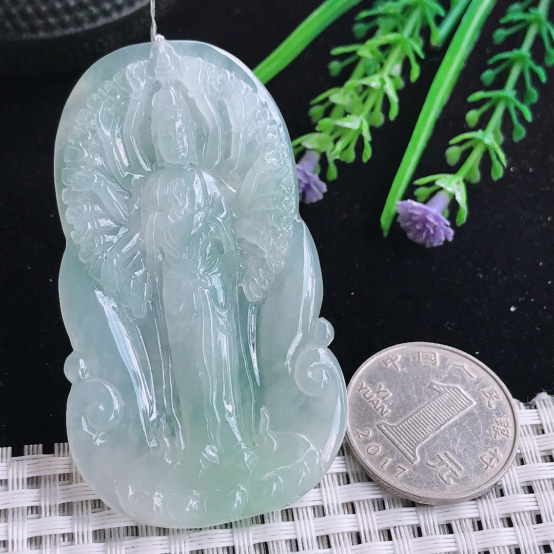 实拍A货翡翠65/37/5.2老坑冰胶果冻冰晴千手观音吊坠翡翠玉牌挂件