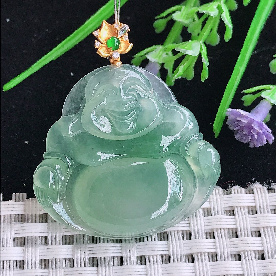 实拍A货翡翠30.3/33/5.9老坑18k金镶嵌冰胶冰晴满绿佛公吊坠翡翠玉牌挂件