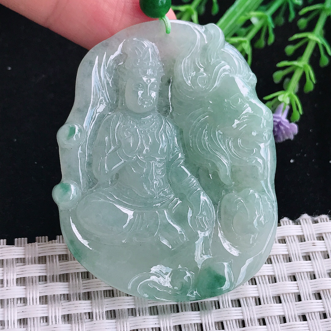 实拍A货翡翠55/44/5.8老坑精美冰润晴底文殊菩萨吊坠翡翠玉牌挂件