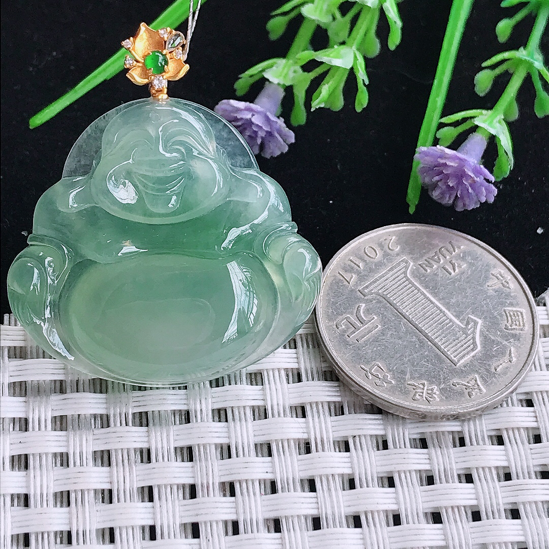 实拍A货翡翠30.3/33/5.9老坑18k金镶嵌冰胶冰晴满绿佛公吊坠翡翠玉牌挂件