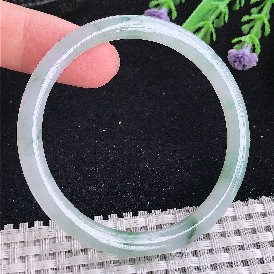 实拍a货翡翠51/5.1/6.3小圈口叮当镯老坑冰胶冰飘花细条手镯玉手镯