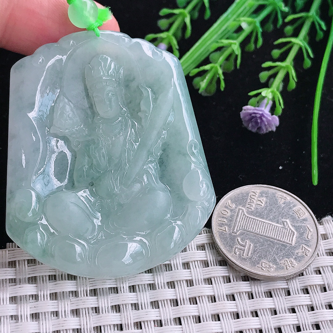 实拍A货翡翠54/46/5.5老坑冰润起胶晴底虚空藏菩萨吊坠翡翠玉牌挂件