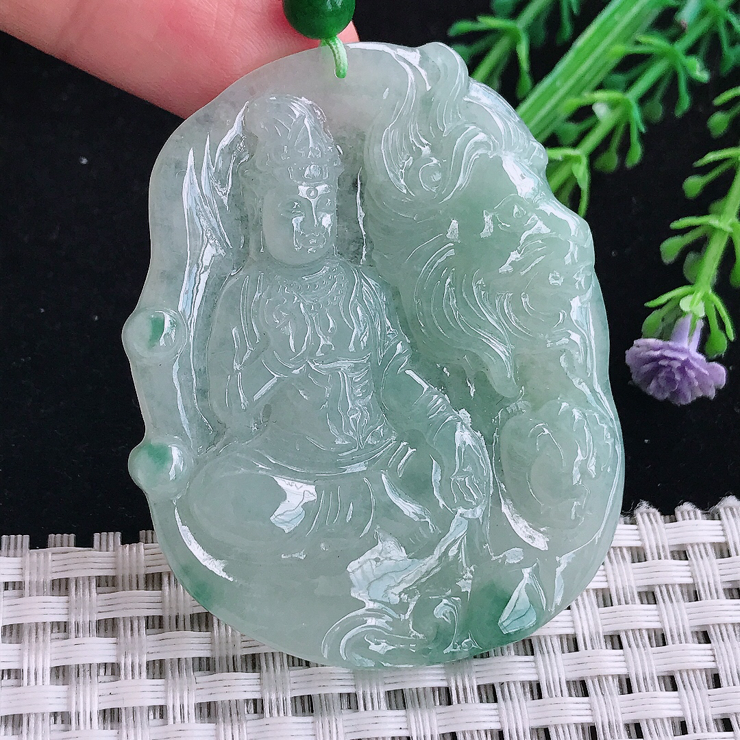 实拍A货翡翠55/44/5.8老坑精美冰润晴底文殊菩萨吊坠翡翠玉牌挂件