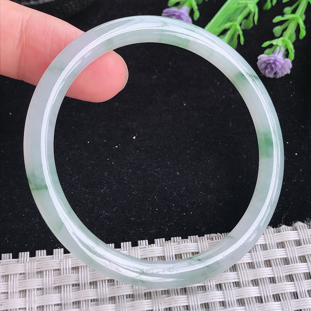 实拍a货翡翠51/5.1/6.3小圈口叮当镯老坑冰胶冰飘花细条手镯玉手镯