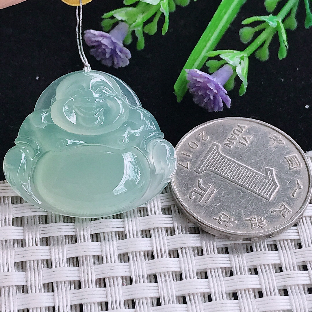 实拍A货翡翠25/29.2/5.9老坑冰种果冻胶冰晴绿佛公吊坠翡翠玉佛挂件