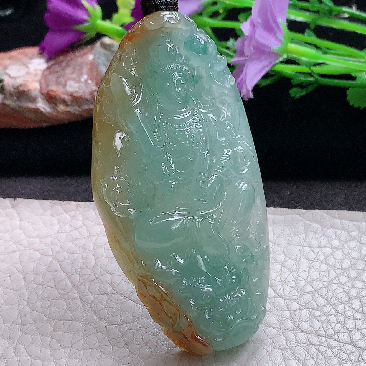 yl实拍76*38*12.2缅甸翡翠精雕冰双彩虚空藏菩萨玉吊坠