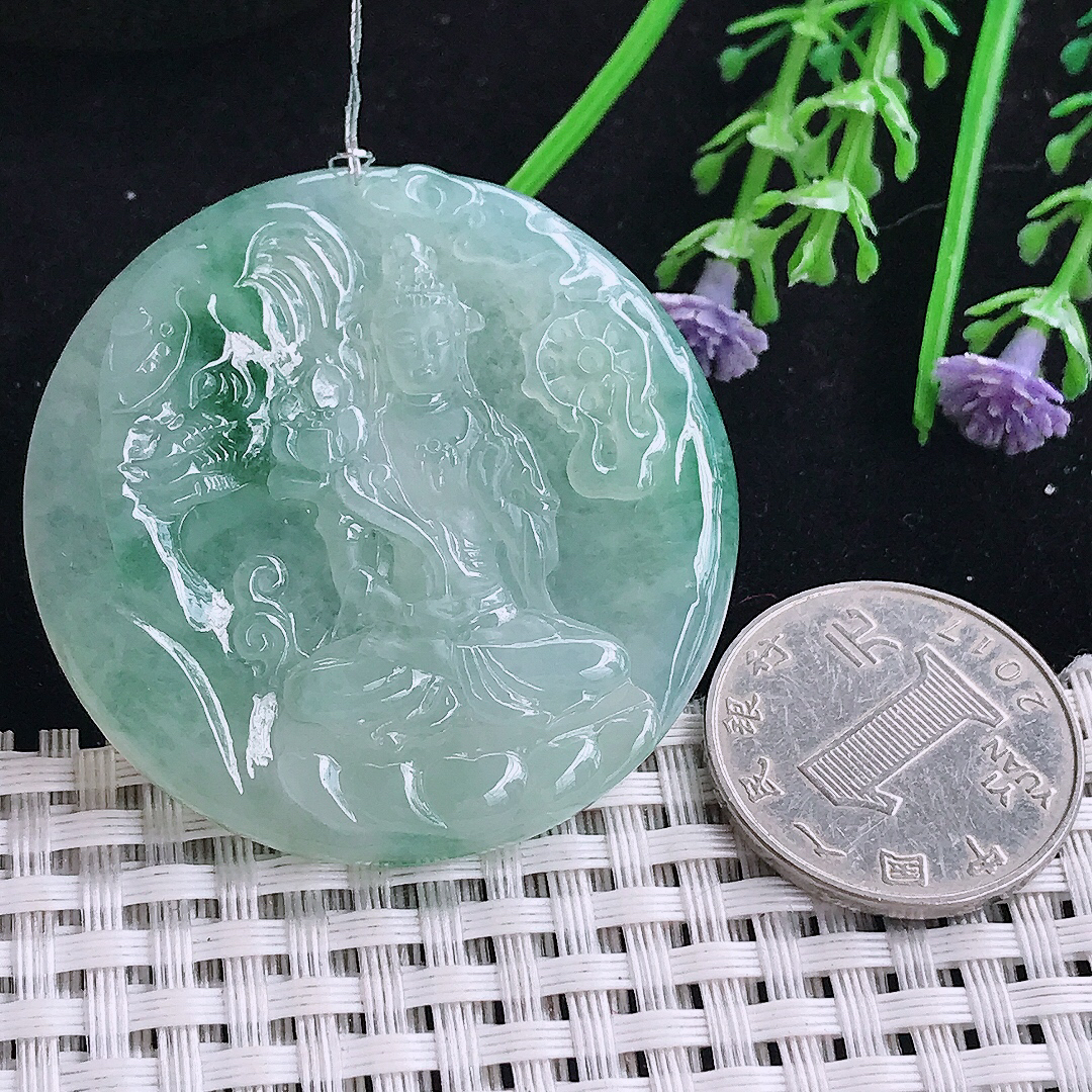 实拍A货翡翠45.6/5.8老坑冰胶果冻冰晴绿普贤菩萨吊坠翡翠圆牌挂件