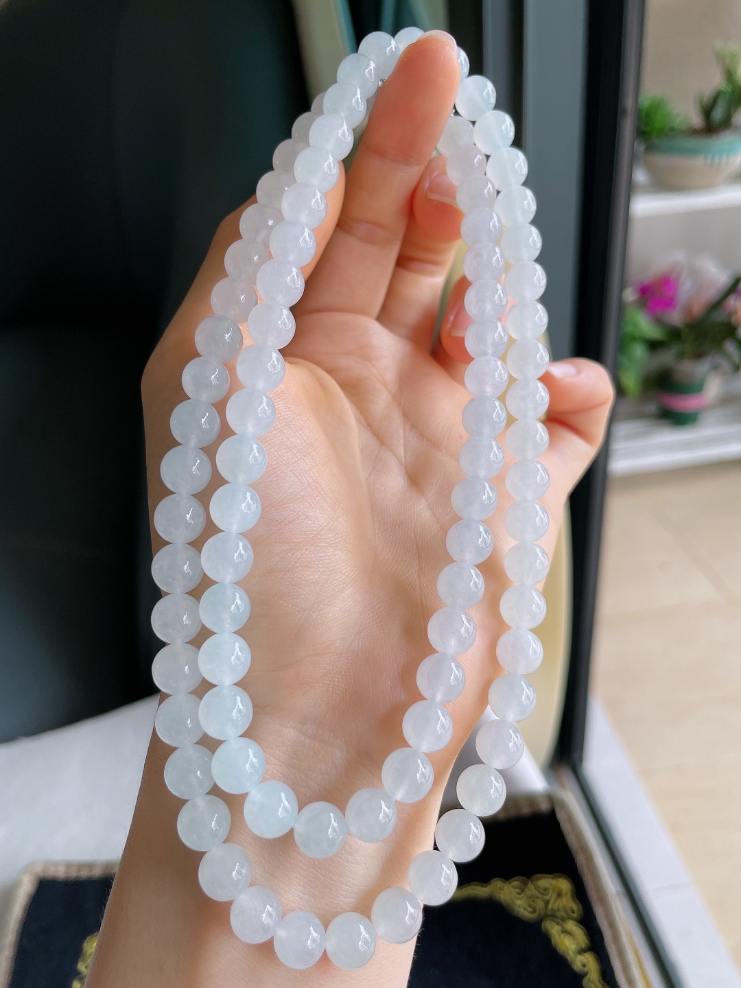 天然翡翠A货，冰白冰珠链，尺寸：7.8mm84颗。【编4202】