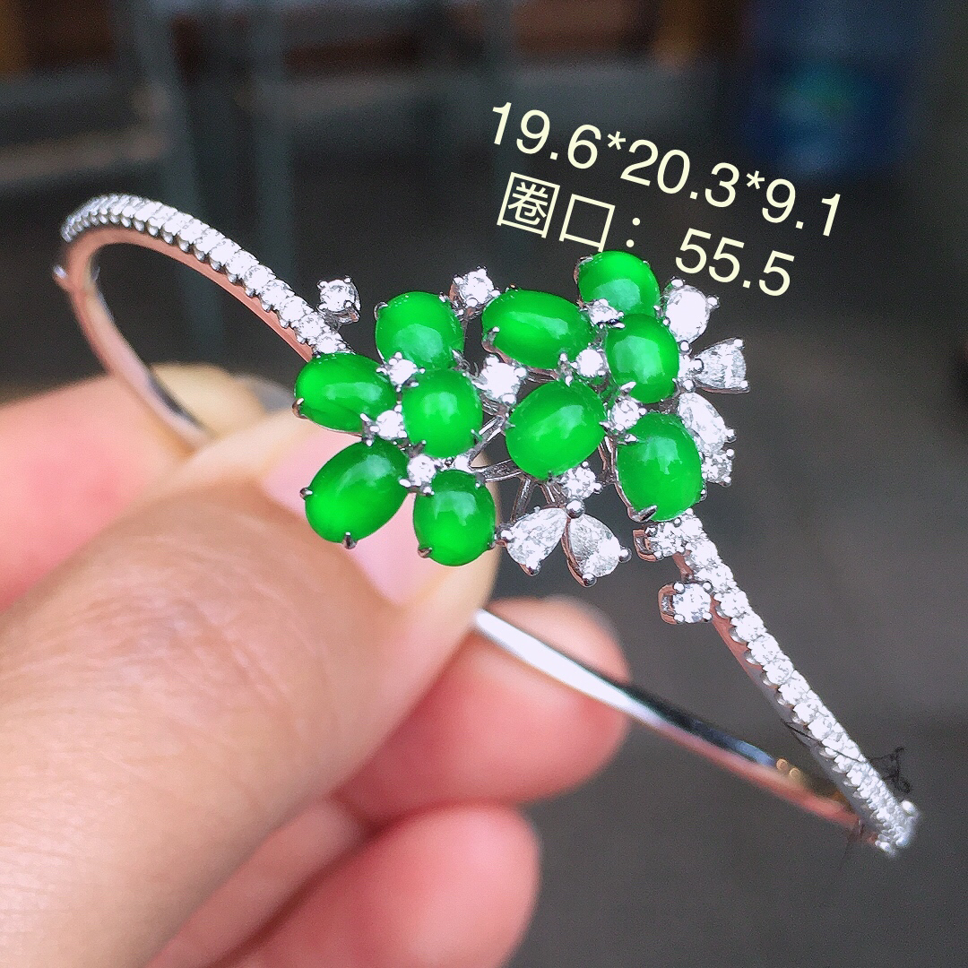 阳绿蛋面手镯，色泽均匀艳丽，玉质细腻，荧光感超
强，饱满圆润，简单大方，尽显优雅气质，18k
金豪华镶嵌