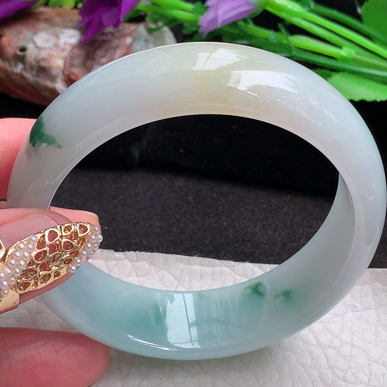 h实拍58*18*7.6轮胎镯 缅甸翡翠a货玉手镯飘花厚装正圈玉手环